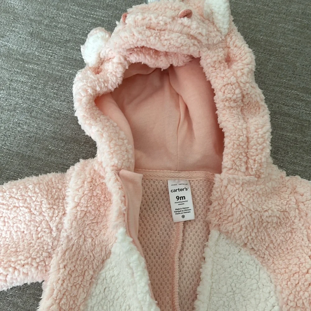 Carters hooded fleece Pink/white unicorn 1 piece outfit/costume. Size 9 mo. NWT - Picture 9 of 12
